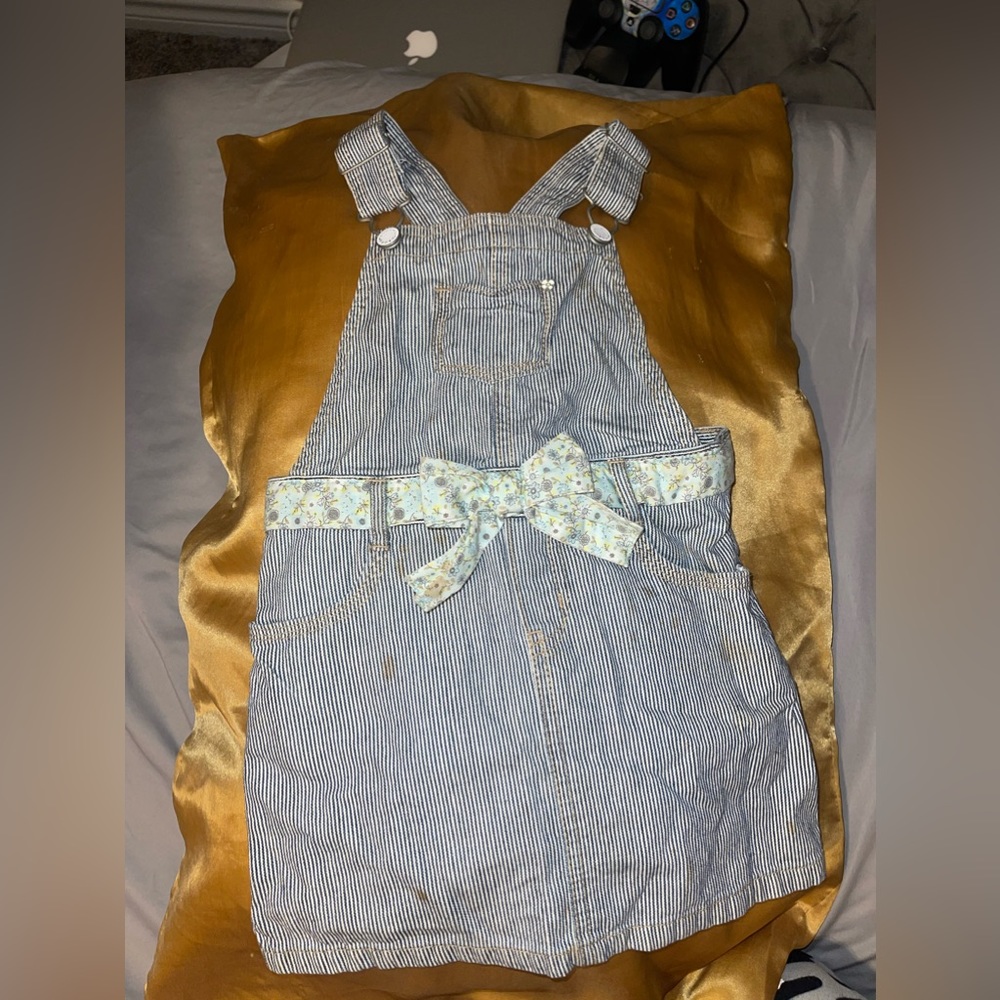 Blue and white dress overalls